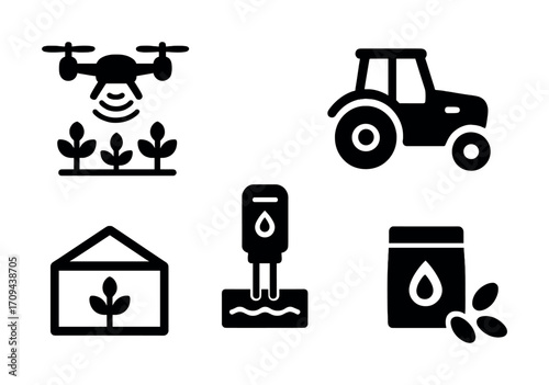 Icons of smart farming technology with drone, tractor, greenhouse, irrigation, and seed package