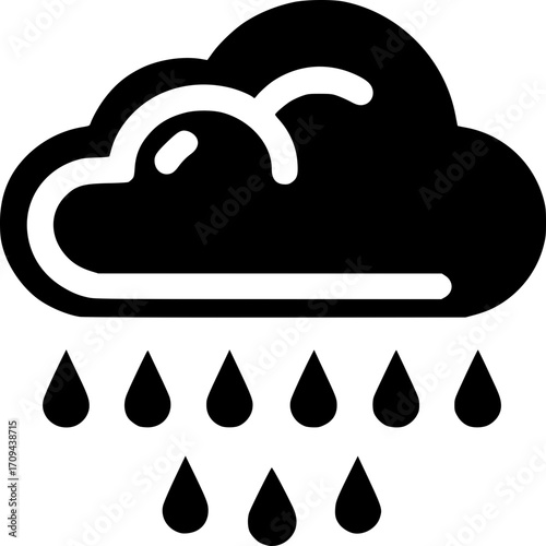 Weather icon of a cloud and rain: Minimalist design featuring a dark cloud with stylized raindrops, illustrating the concept of precipitation and weather patterns.