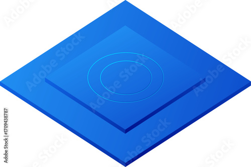 Cloud Data Storage A blue, 3D, layered cube with a circular pattern on top, on a white background