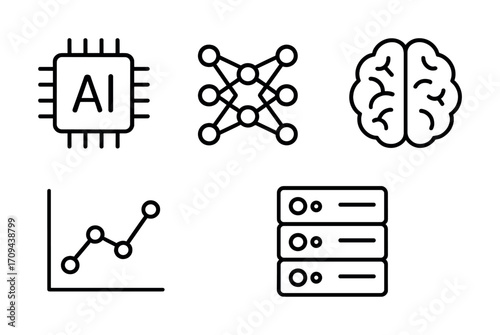 Artificial intelligence icons: ai chip, neural network, brain, graph, database