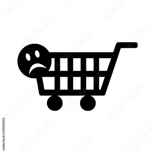 Shopping cart with small pouting face icon representing retail disappointment and user frustration