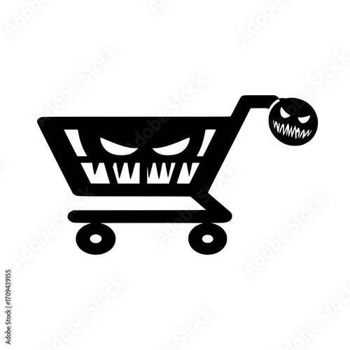 Shopping cart with scared face icon representing anxiety in online purchase and retail decision