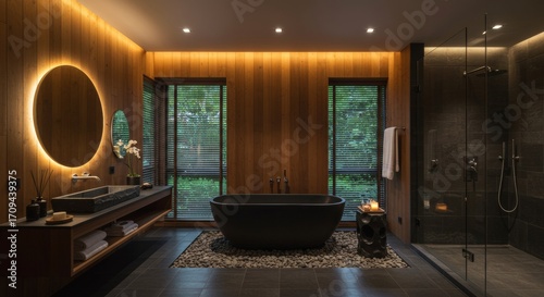 A luxurious bathroom with a stone bathtub and wood paneling.
