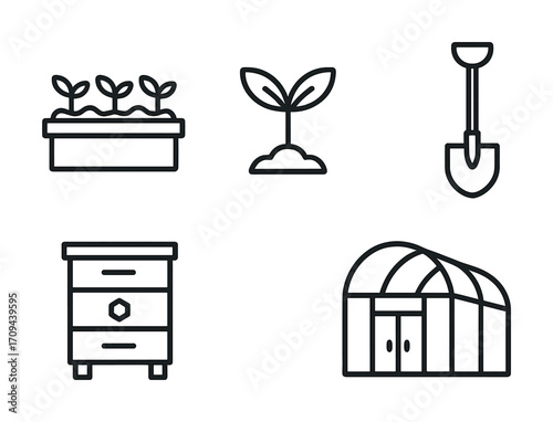 Garden tools and icons: seedlings, sprout, shovel, beehive, greenhouse