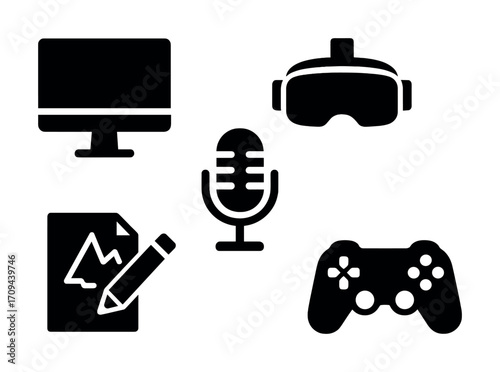 Gaming and multimedia icons: monitor, vr headset, microphone, graphic design, controller