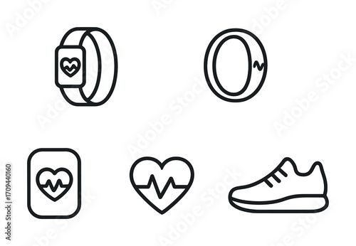 Fitness tracking line icons: wearable tech, heart health, sneakers