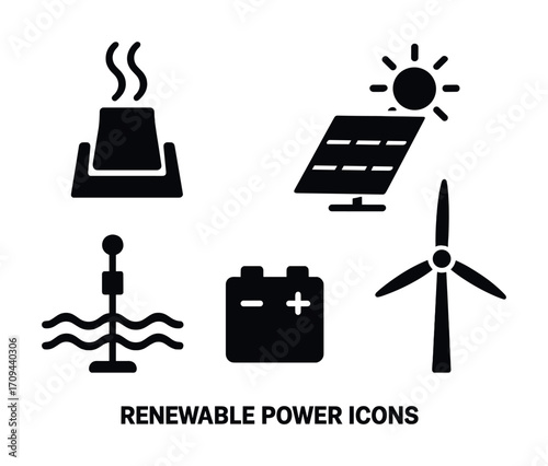 Renewable energy icons: solar, wind, geothermal, hydro, battery symbols