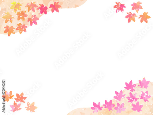 モミジの紅葉イメージの背景素材。水彩風テクスチャー。葉っぱのシルエット。かわいい色調。光の粒子や水滴の輝き。コーナータイプ。対角に山と葉っぱのシルエットのコンビネーション。変化のあるあしらいのフレーム。