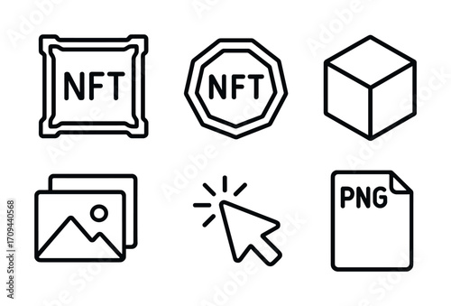 Minimalistic line icons of nft, cube, image gallery, cursor, and png file