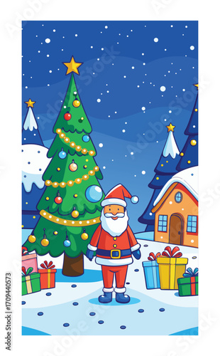 Magical Christmas evening with Santa walking past snowy trees, holiday gifts stacked high, decorated tree, festive ribbons, and sparkling winter stars