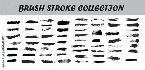 Black grunge brush stroke collection on white background featuring different paint textures, rough edges, smudges, and ink marks. Perfect for design project, backgrounds, posters, and artistic effect.