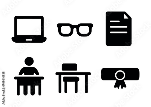 Education icons: laptop, glasses, document, studying student, desk, diploma