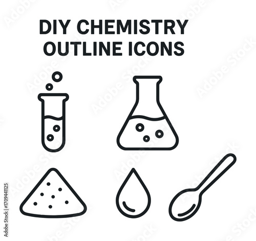 Diy chemistry outline icons: test tube, flask, powder, droplet, spoon