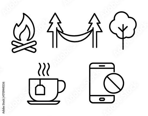 Minimalist camping icons: campfire, hammock, trees, tea, phone