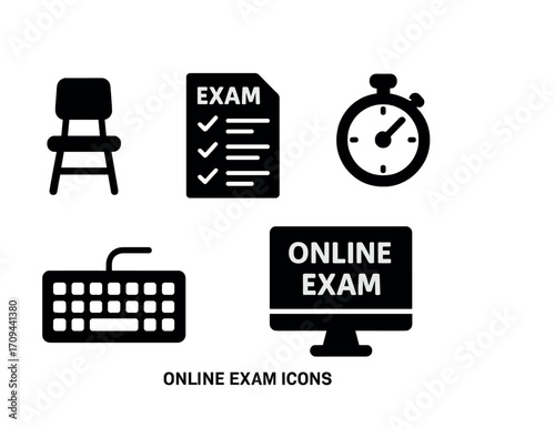 Online exam icons: chair, test paper, stopwatch, keyboard, monitor