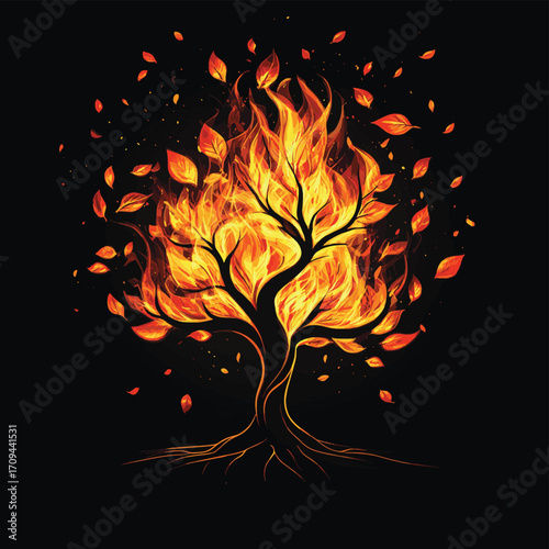 Tall leafy tree ablaze with fiery flames , vector style simple color