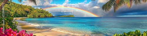 Colorful flowers adorn the foreground of this serene beach view.