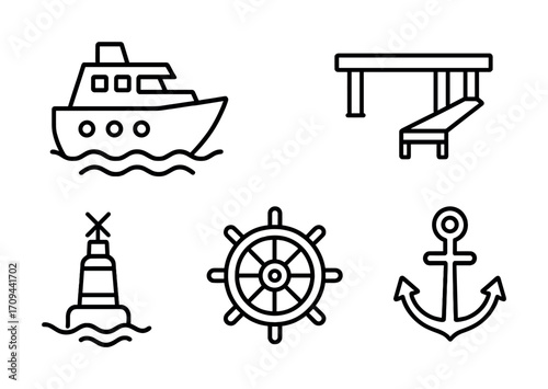 Nautical icon set featuring boat, dock, lighthouse, ship wheel, and anchor