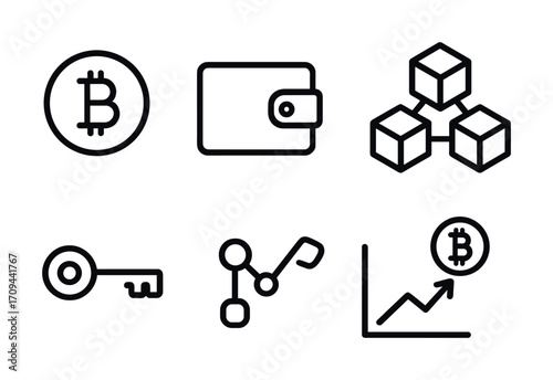 Cryptocurrency icons: bitcoin, wallet, blockchain, key, network, growth