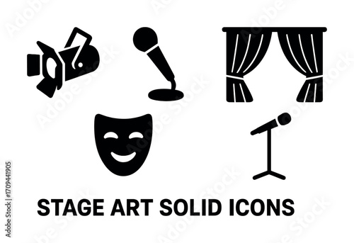 Stage art icons: microphone, spotlight, mask, curtains, stand