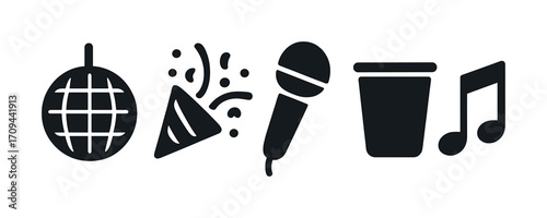 Party elements: disco ball, confetti, microphone, cup, music note icons