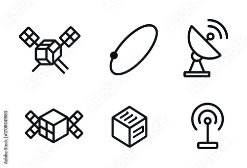 Space and communication icons set: satellite, orbit, antenna, cube, signal