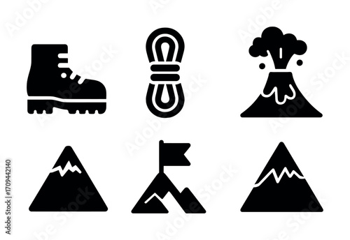 Mountain adventure icons: hiking boot, rope, volcano, peaks, flag