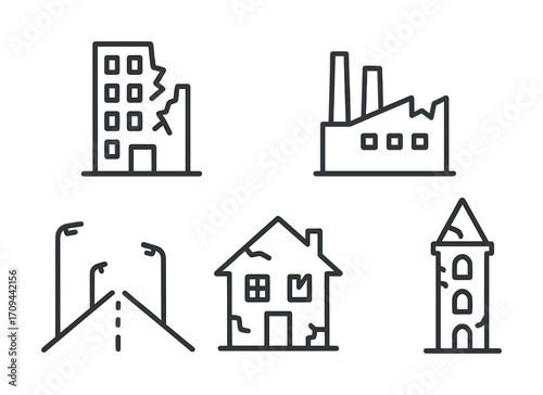 Icon set of damaged buildings and infrastructure for disaster illustration