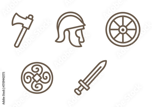 Ancient warfare icons: sword, axe, helmet, wheel, shield