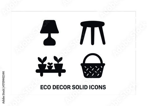 Eco decor solid icons: lamp, stool, plants, basket - stylish minimalist home decor elements