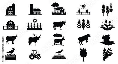 A collection of black silhouette icons depicting various farm elements and animals