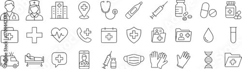 Medical healthcare line icon set. Vector pictograms of stethoscope, thermometer, syringe, pill, medicine, emergency, cross, heart, blood test, ambulance, bed, telehealth, thin linear illustration