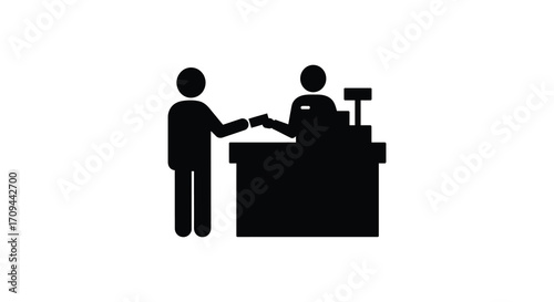 Simple black silhouette depicting a customer and a cashier at checkout