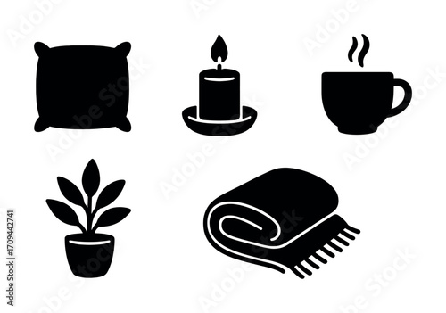 Cozy home essentials: pillow, candle, mug, plant, blanket silhouettes