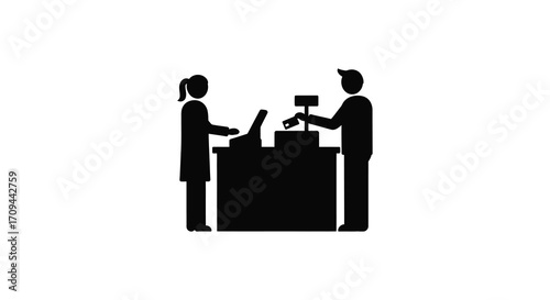 Reception desk interaction with a staff member and a customer silhouette