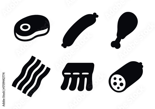 Black silhouette icons of various meat cuts and products