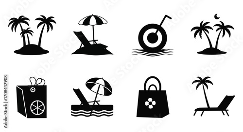 Black and white beach icons depicting summer vacation and tropical elements