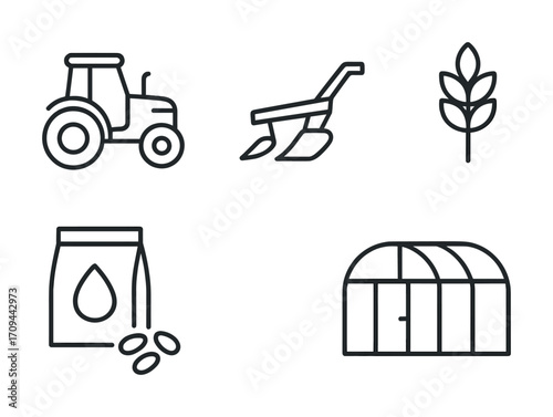 Agriculture icons: tractor, plow, grain, seed bag, greenhouse