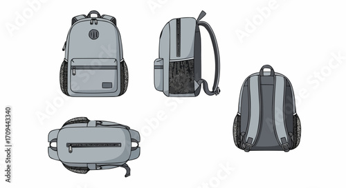 Gray backpack design illustrations with multiple views for school or travel concept