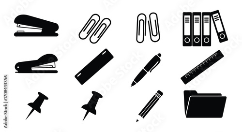 Simple black and white office stationery icons representing common supplies