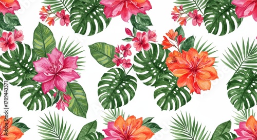 Watercolor Tropical Floral Pattern with Hibiscus Palm Leaves.
