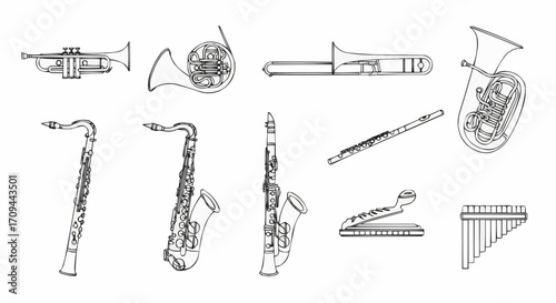 Line Art Musical Instruments Set Brass Woodwind Saxophone Clarinet Flute Trombone Trumpet