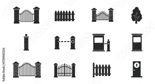 Black and white icons depicting various styles of gates and fences