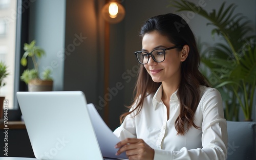 Focused latin hispanic young business woman working on laptop computer reading financial document report in office. Accountant entrepreneur manager businesswoman doing paperwork using pc. Copy space