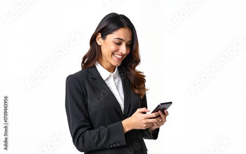 Indian or arabic woman in business suit holding cellphone, looking at camera. Happy young middle eastern businesswoman using smartphone mobile phone for work isolated on white background. Copy space