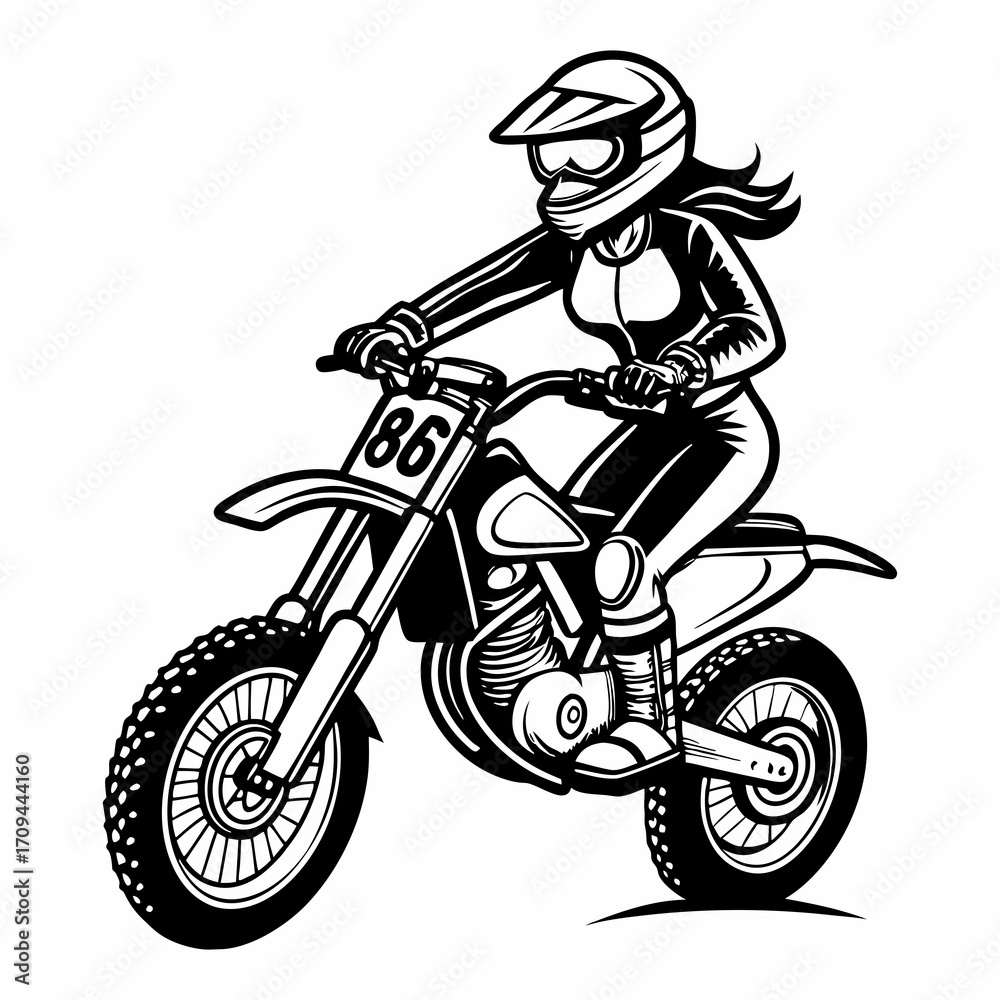 Fototapeta premium Female Motocross Rider Illustration in Black and White