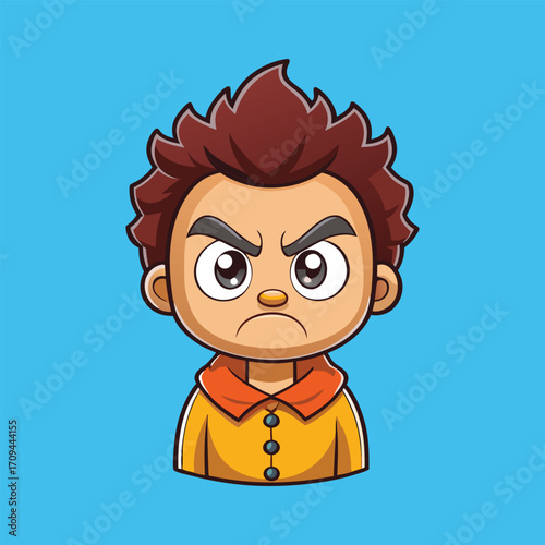 Angry cartoon boy character with spiky hair and serious facial expression Vector Illustration,generative ai