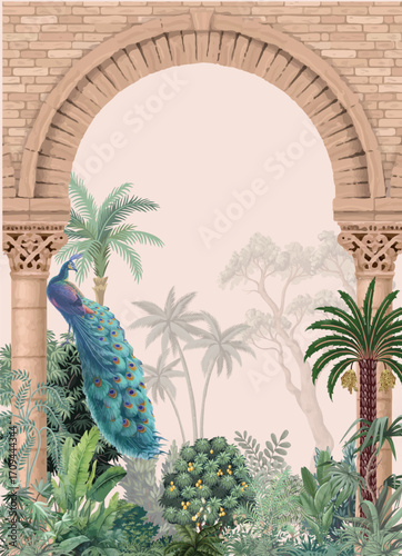 Traditional Mughal decorative garden with arch, ornate parasol, peacocks, trees, lotus flowers, and palace illustration, Indian Wedding.