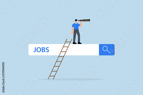 Looking for new job, businessman ascends the job search ladder with binoculars to spot opportunities.