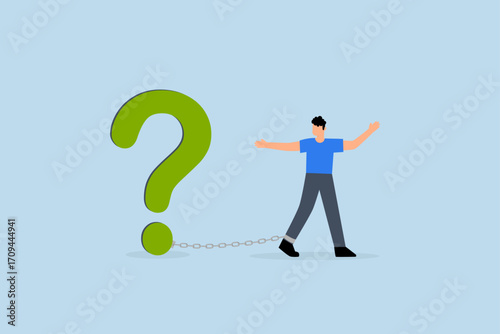 Struggle with unanswered question, exasperated businessman weighed down by a massive question mark burden.